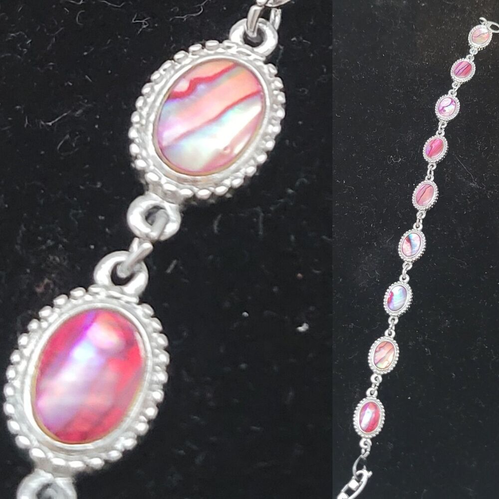 Silvertone Pink Holographic Opalescent Bracelet Vintage Style Delicate 7.5'